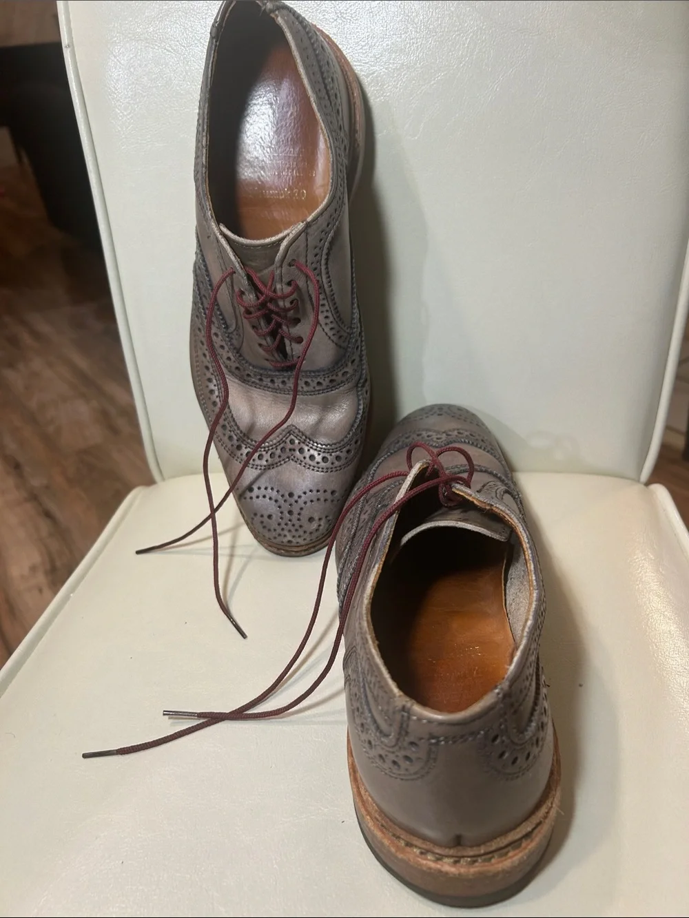 Allen Edmonds Taupe/Brown Brogue Wingtip Derby with Burgundy Laces GC/No Box